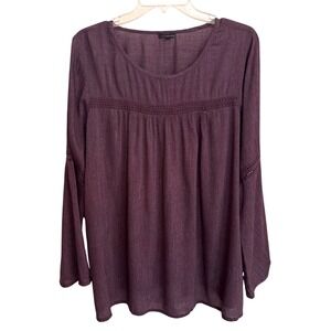 Hannah Women XL Plum Purple Bell Sleeve Crochet Lace Trim Peasant Blouse Top